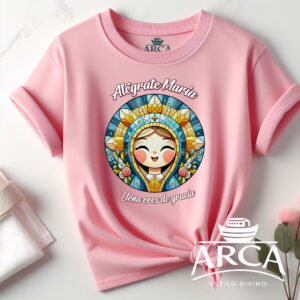 Camiseta Rosada para Niña con Ilustración Cubista Infantil de la Virgen María